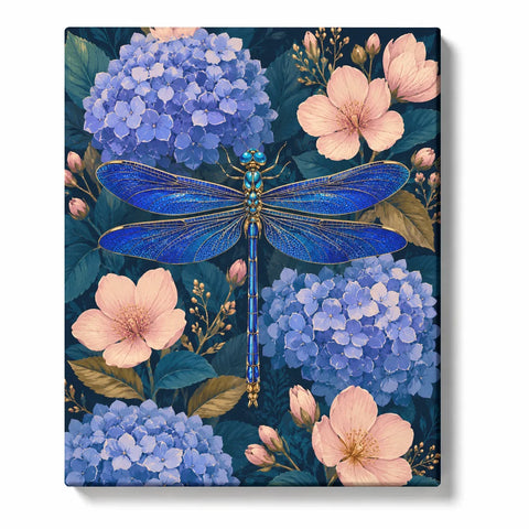 Insect Paint by Numbers For Adults featuring blue dragonfly with detailed cobalt wings surrounded by blue hydrangeas, pink flowers and dark teal foliage