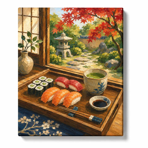 Sushi Tea Garden Window - PaintEasy paint by numbers kit design featuring a wooden tray of sushi rolls, salmon nigiri and matcha tea by an open window onto a Japanese garden with red maple and a stone lantern