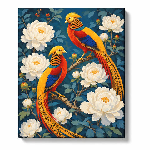 Asian Paint by Numbers For Adults featuring two golden pheasants with long colorful tails among blooming white peonies and deep teal foliage