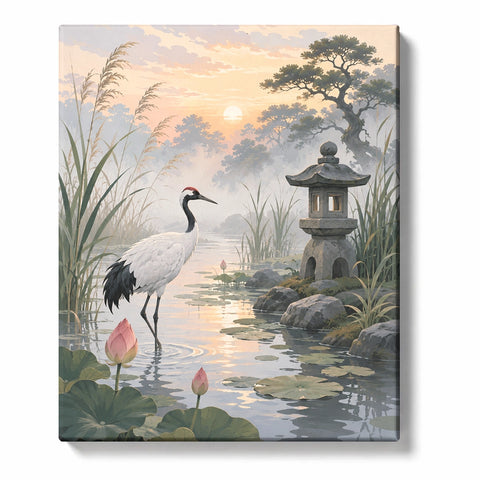 Ink-Brush White Cranes over Vermilion Washes Paint by Numbers Kit for Adults