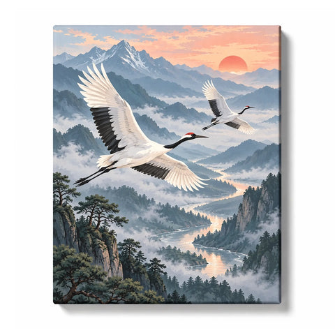 Flying Crane over Sunset Ocean Waves