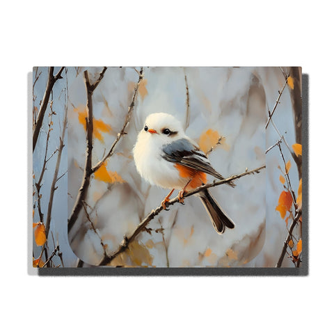 white bird perched on autumn tree branch paint by numbers artwork with soft gray background and orange leaves | PaintEasy