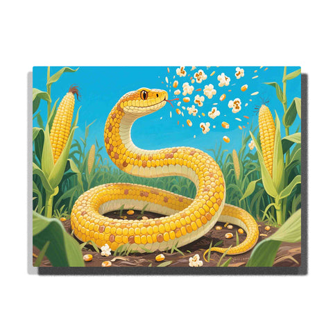 Golden corn snake curled in a bright cornfield with kernel-like scales, yellow corn cobs, green stalks, popcorn pieces, and blue sky, PaintEasy Paint by Numbers kit.