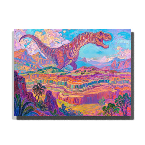 Powerful T-Rex standing in colorful prehistoric canyon with layered rocks and palm trees — PaintEasy Home Decor - Animal Paint by Numbers artwork