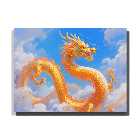 Majestic golden Chinese dragon soaring through white clouds in blue sky — PaintEasy Home Decor - Animal Paint by Numbers artwork