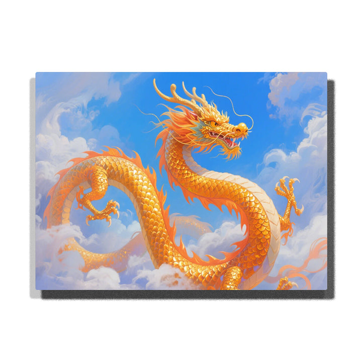 Majestic golden Chinese dragon soaring through white clouds in blue sky — PaintEasy Home Decor - Animal Paint by Numbers artwork