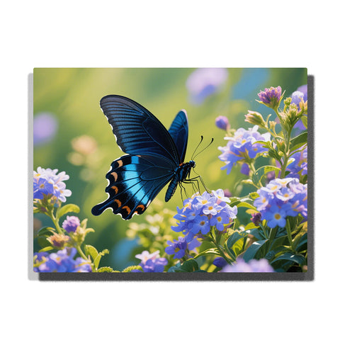 Blue butterfly resting on purple flowers paint by numbers kit for adults by PaintEasy