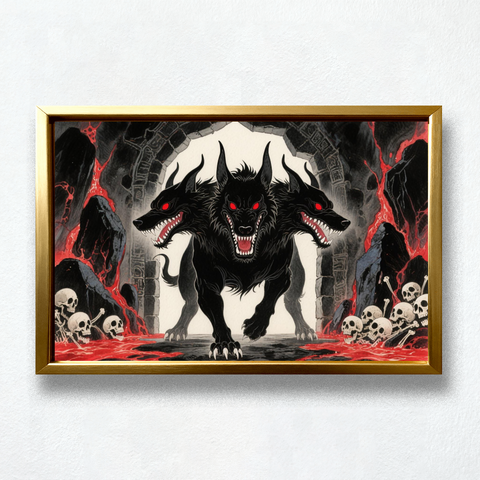 Three-headed black hellhound under a ruined stone arch with glowing red eyes, sharp teeth, lava streams, skulls, dark rocks, and moonlit background.