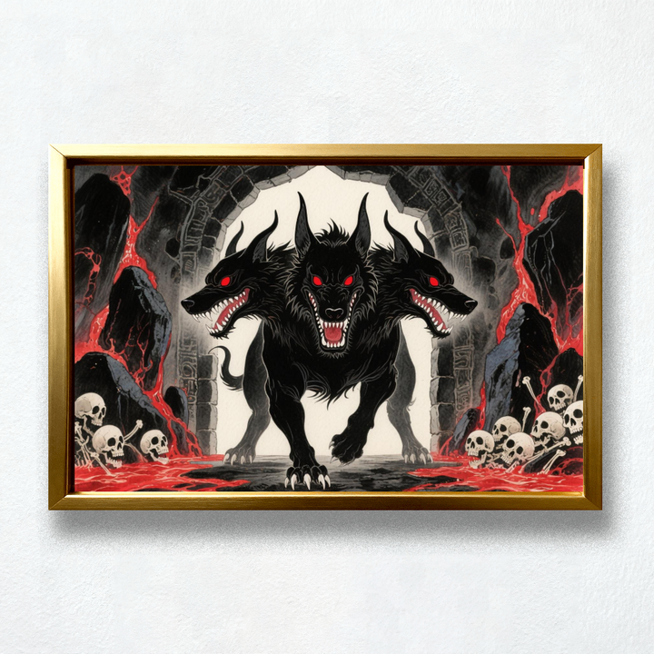 Three-headed black hellhound under a ruined stone arch with glowing red eyes, sharp teeth, lava streams, skulls, dark rocks, and moonlit background.