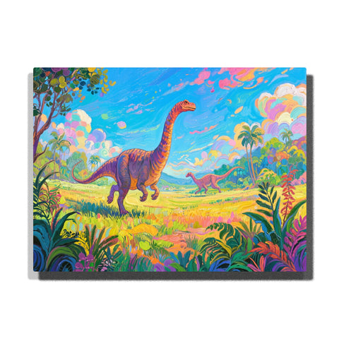 Two long-necked dinosaurs in colorful prehistoric landscape with vibrant plants and sky — PaintEasy Home Decor - Animal Paint by Numbers artwork