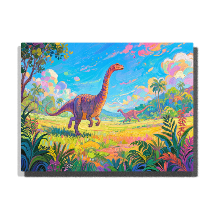 Two long-necked dinosaurs in colorful prehistoric landscape with vibrant plants and sky — PaintEasy Home Decor - Animal Paint by Numbers artwork