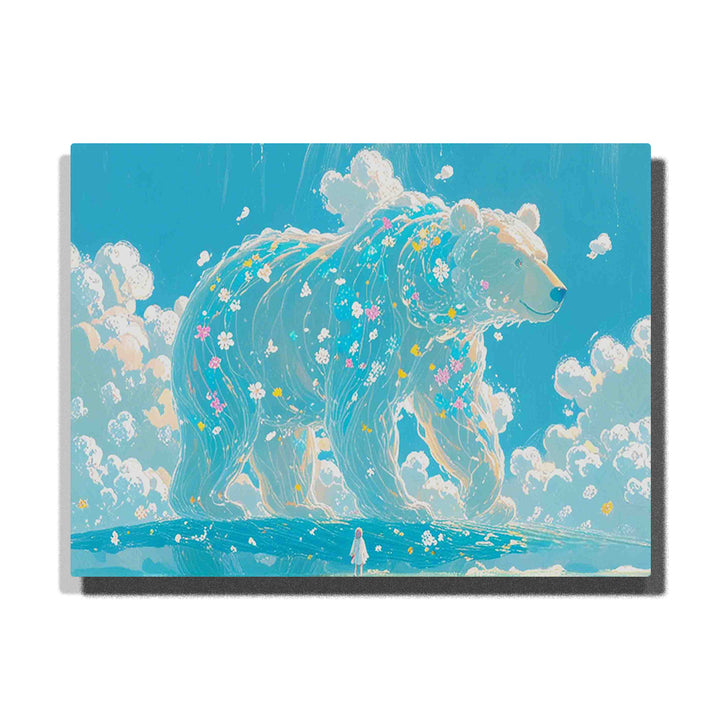 Giant cloud bear walking across a turquoise sky landscape with tiny flowers, white cloud clusters, soft reflections, and small standing figure, PaintEasy Paint by Numbers kit.