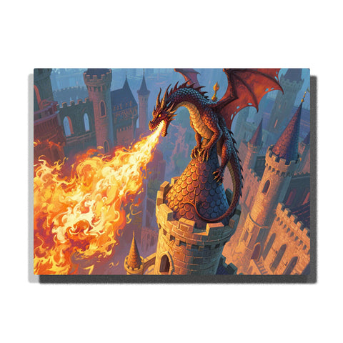 Red dragon breathing fire from the top of a medieval castle tower — PaintEasy Home Decor - Animal Paint by Numbers artwork