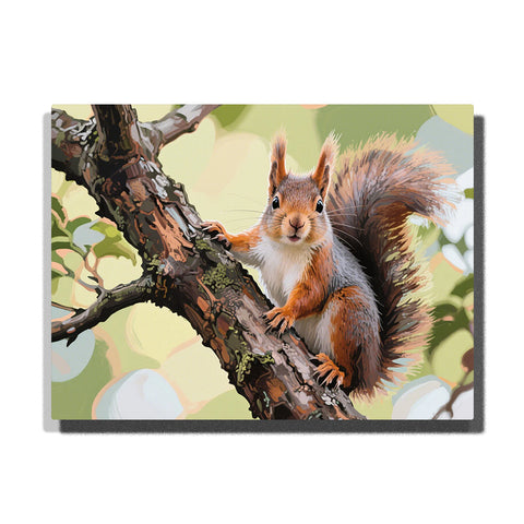 cute squirrel sitting on a tree branch surrounded by soft green forest light paint by numbers artwork