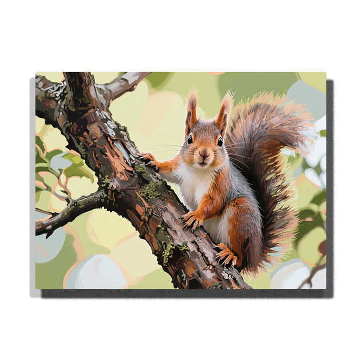 cute squirrel sitting on a tree branch surrounded by soft green forest light paint by numbers artwork