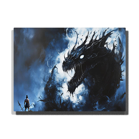 Epic black dragon with glowing white eyes facing warrior in stormy blue sky — PaintEasy Home Decor - Animal Paint by Numbers artwork