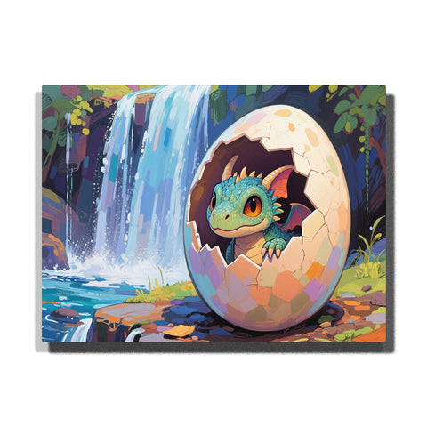 Cute baby dragon hatching from colorful egg by waterfall in fantasy forest — PaintEasy Home Decor - Animal Paint by Numbers artwork