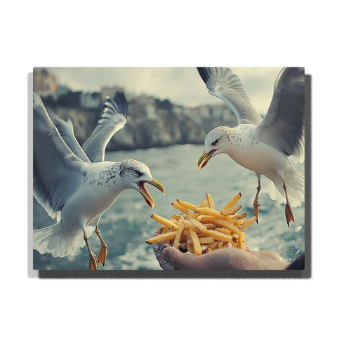 Seagulls fighting over French fries by the seaside paint by numbers artwork with ocean background and flying birds scene | PaintEasy