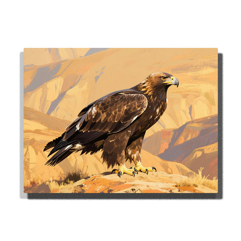 Golden eagle standing on rocky canyon cliff paint by numbers artwork with warm desert mountains background | PaintEasy