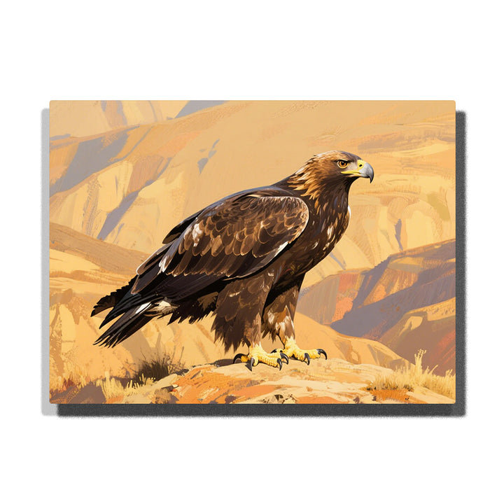 Golden eagle standing on rocky canyon cliff paint by numbers artwork with warm desert mountains background | PaintEasy