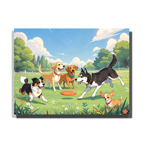 Dogs playing frisbee in sunny park paint by numbers artwork with green grass field and blue sky background | PaintEasy