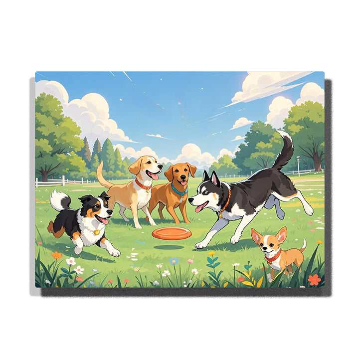 Dogs playing frisbee in sunny park paint by numbers artwork with green grass field and blue sky background | PaintEasy