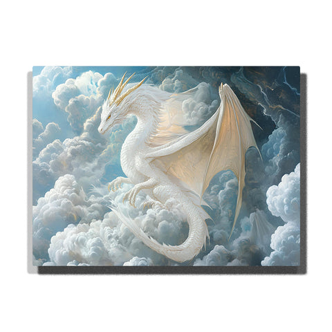 Majestic white dragon with golden horns flying through fluffy clouds — PaintEasy Home Decor - Animal Paint by Numbers artwork