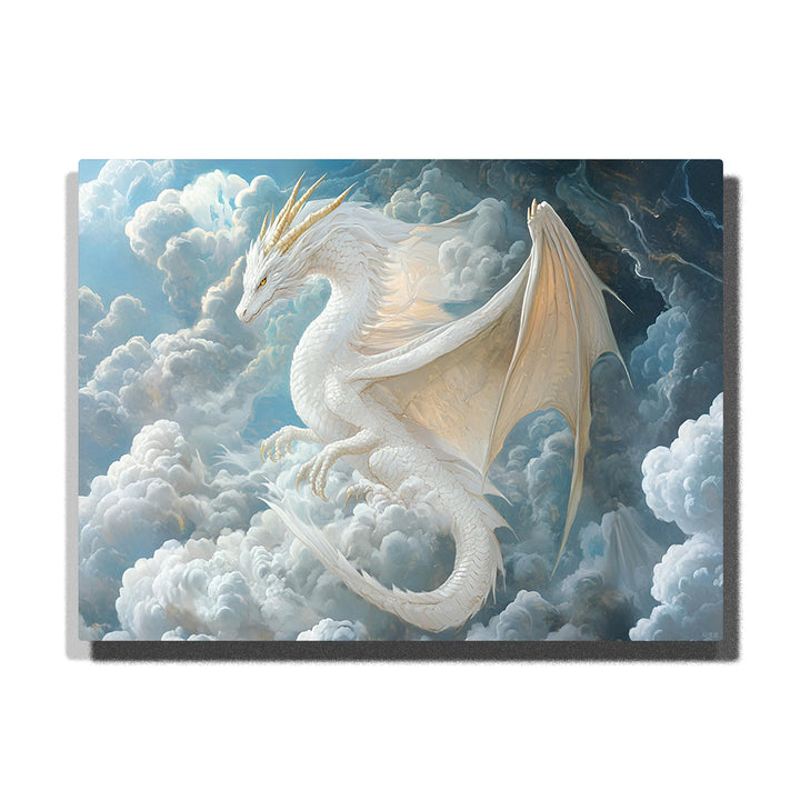 Majestic white dragon with golden horns flying through fluffy clouds — PaintEasy Home Decor - Animal Paint by Numbers artwork
