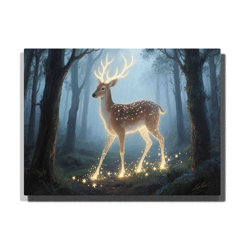 Glowing antler deer standing in a misty blue forest with spotted fur, dark trees, golden light particles, and luminous hooves, PaintEasy Paint by Numbers kit.