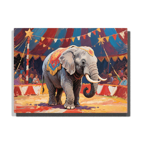 elephant standing in circus ring paint by numbers artwork with colorful circus tent and audience background | PaintEasy