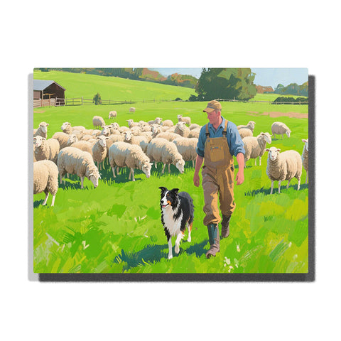 Sheepdog herding flock of sheep in green pasture paint by numbers artwork with shepherd and countryside farm landscape | PaintEasy