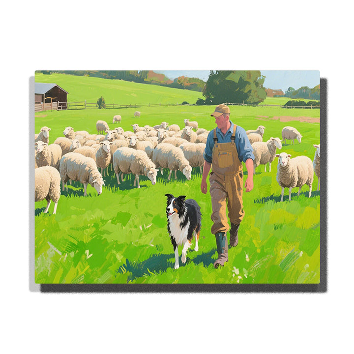 Sheepdog herding flock of sheep in green pasture paint by numbers artwork with shepherd and countryside farm landscape | PaintEasy