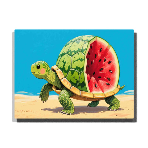 Cute green turtle walking on sunny sand with a watermelon slice shell, red fruit center, black seeds, blue sky, and beach colors, PaintEasy Paint by Numbers kit.