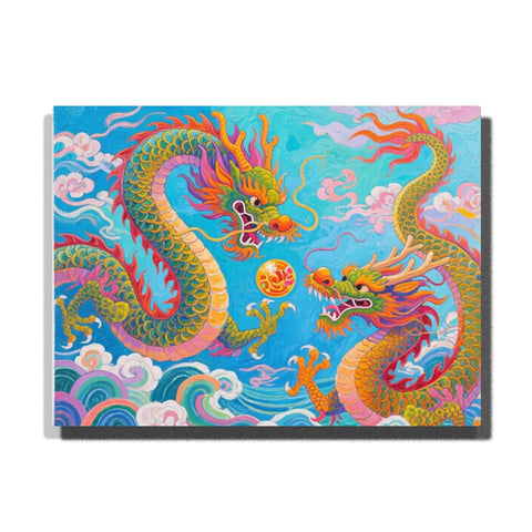 Two colorful Chinese dragons playing with glowing pearl in blue sky with clouds — PaintEasy Home Decor - Animal Paint by Numbers artwork