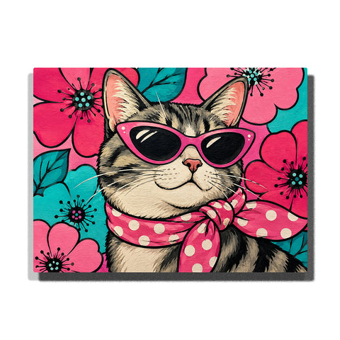 Pop art cat wearing sunglasses and pink polka dot scarf with colorful floral background and bold graphic design Paint by Numbers by PaintEasy