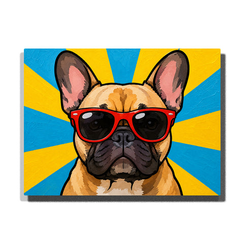Pop art French Bulldog wearing red sunglasses with blue and yellow geometric background and bold graphic design Paint by Numbers by PaintEasy