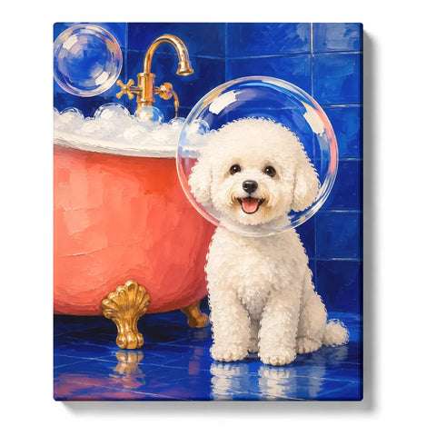 Bichon Frise Paint by Numbers For Adults featuring fluffy white dog with transparent bubble beside coral pink bathtub and blue bathroom tiles