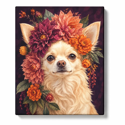 Chihuahua Paint by Numbers For Adults featuring cream Chihuahua dog with large brown eyes surrounded by burgundy orange coral and peach floral crown
