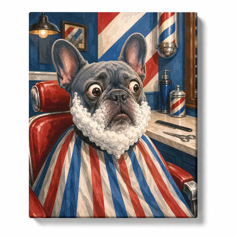 French Bulldog Paint by Numbers For Adults featuring gray Frenchie with shaving foam beard sitting in red vintage barbershop chair with striped barber cape