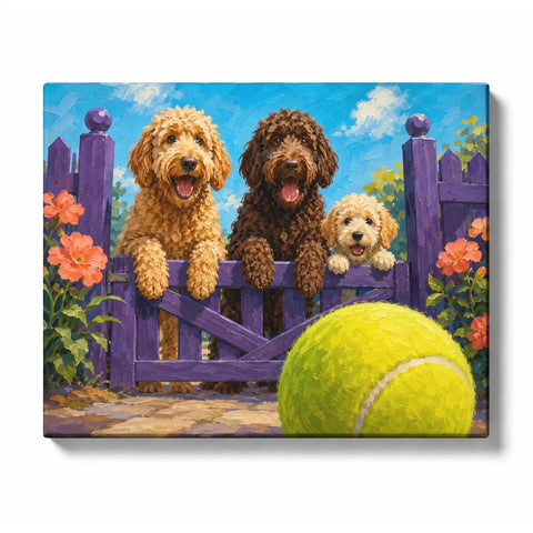 Dog Paint by Numbers For Adults featuring three happy curly-haired dogs leaning over purple garden gate with oversized green tennis ball, coral flowers and blue sky