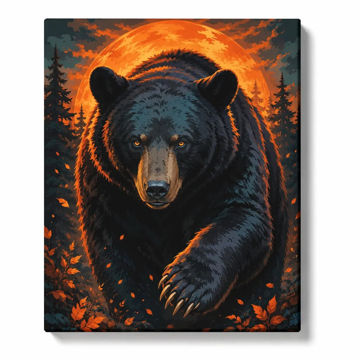 Bear Paint by Numbers For Adults featuring a black bear portrait surrounded by fiery autumn leaves under a glowing amber halo