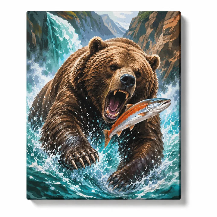 Bear Paint by Numbers For Adults featuring a grizzly bear lunging through waterfall spray to catch a leaping salmon