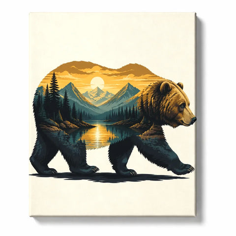 Bear silhouette containing pine forests, a mountain lake and golden sunset