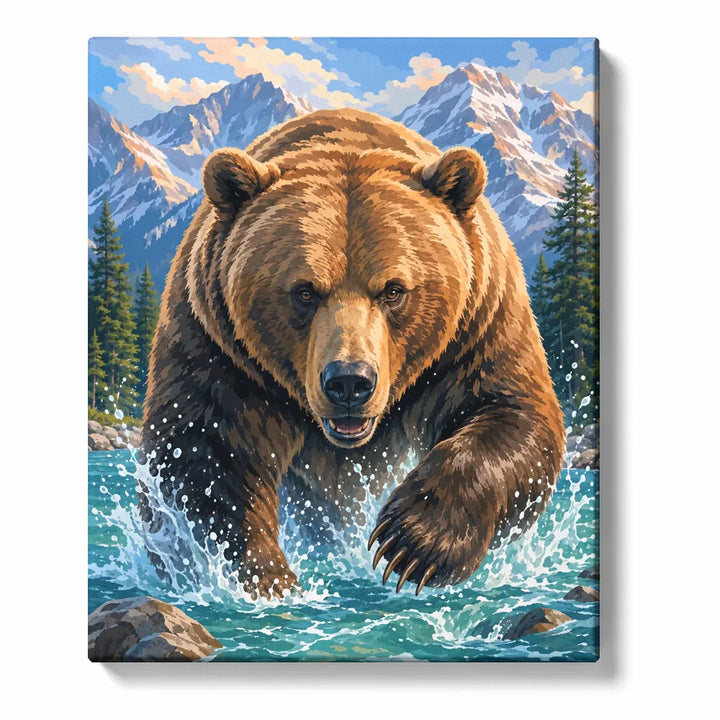 Bear Paint by Numbers For Adults featuring a grizzly bear wading through a mountain river with snowy peaks and pine forest