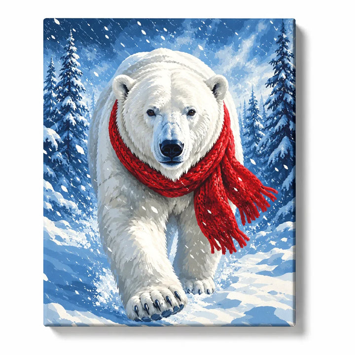 Polar Bear Paint by Numbers For Adults featuring an adorable polar bear in a red scarf walking through a snowy pine forest