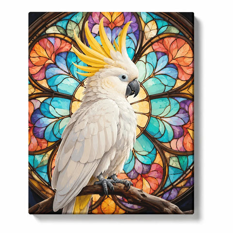 For Adults: White Cockatoo with Golden Crest and Colorful Botanical Stained Glass Paint by Nu…