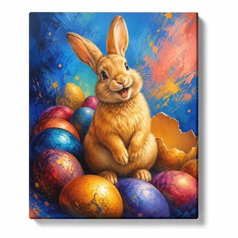 Rabbit Paint by Numbers For Adults featuring smiling golden bunny surrounded by colorful Easter eggs, cracked eggshells and bright blue orange paint splashes