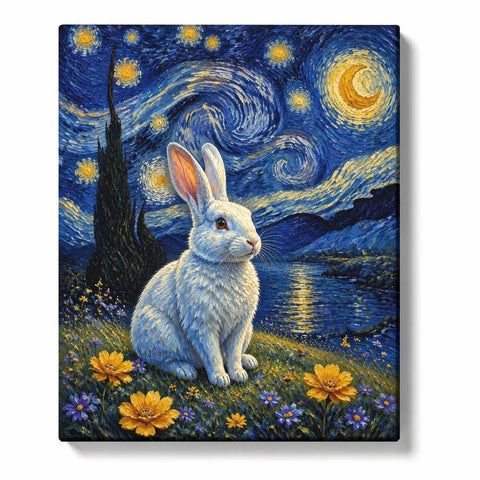 Van Gogh inspired Paint by Numbers For Adults featuring white bunny among golden flowers beneath swirling blue Starry Night sky with yellow stars, moon and cypress tree