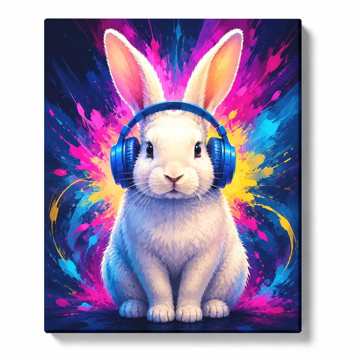 Bunny Paint by Numbers For Adults featuring a white bunny with blue headphones surrounded by vivid neon paint splashes