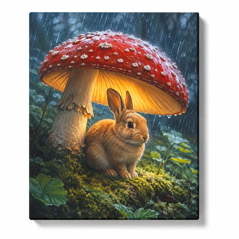 Bunny Paint by Numbers For Adults featuring a small bunny sheltering under a glowing red mushroom in a rainy mossy forest